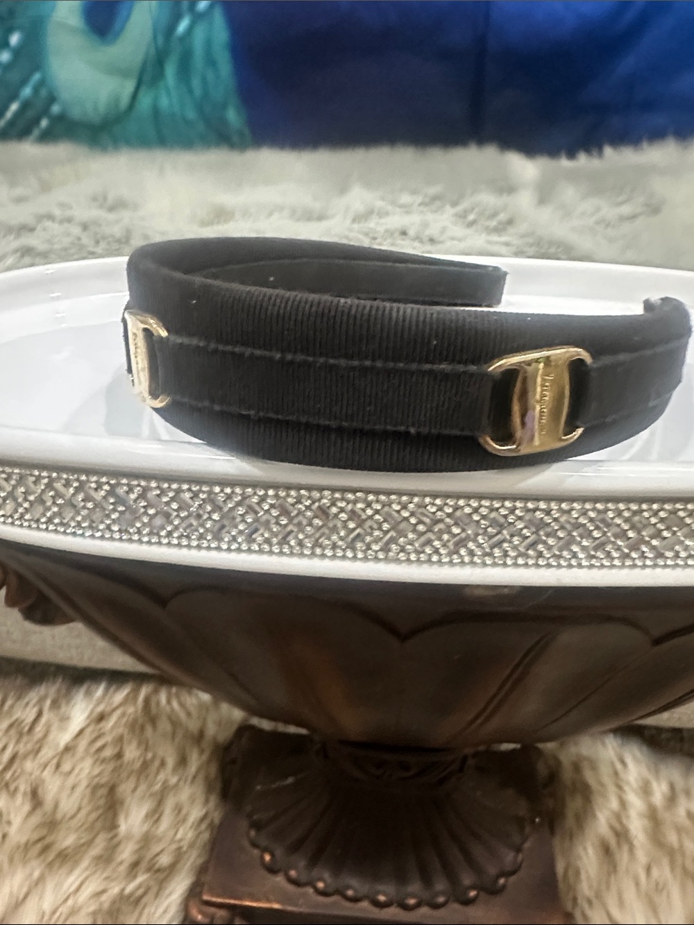 SALVATORE FERRAGAMO Black Fabric Headband with Gold Gancini Accents W/ FERRAGAMO - Picture 3 of 7